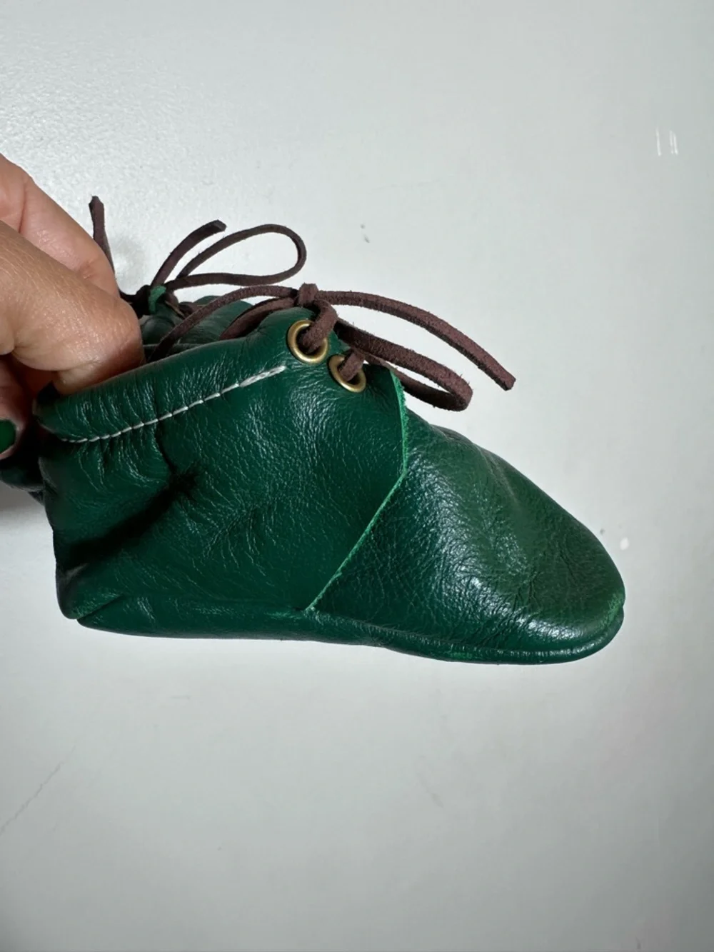 Baby Green Leather Moccasin Walker Shoes with Brown Laces